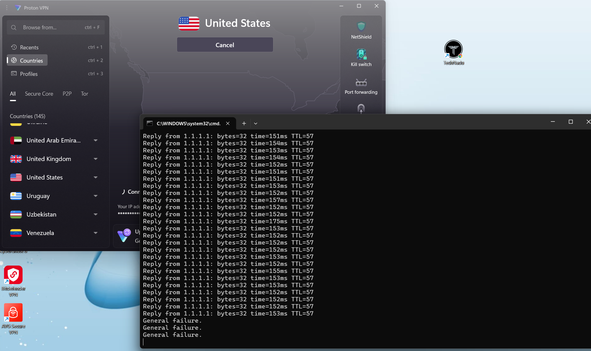 Proton VPN on Windows, May 2026, showing ping test stopping immediately after VPN disconnected manually.