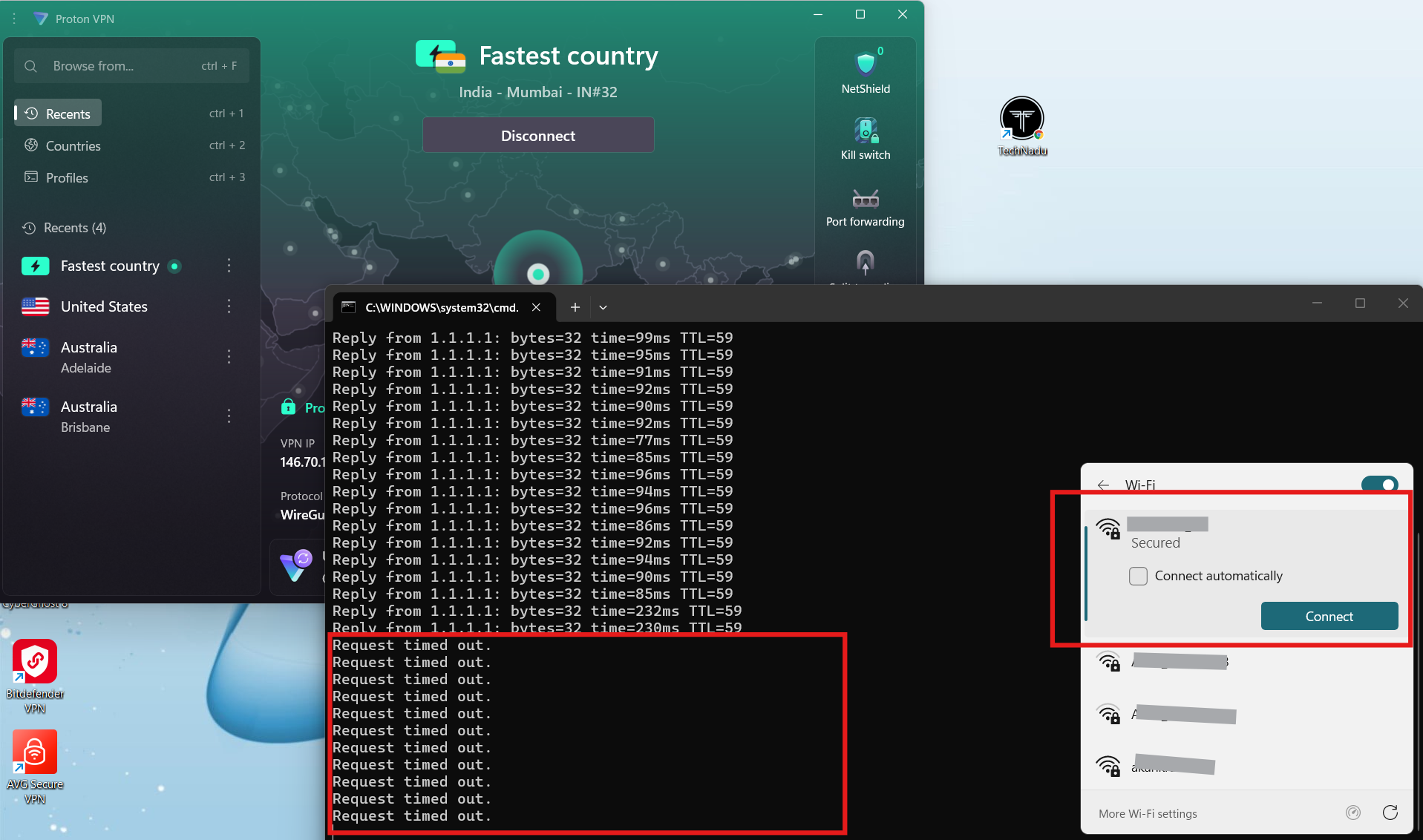 Proton VPN on Windows, May 2026, showing ping test stopping immediately after Wi-Fi disabled.