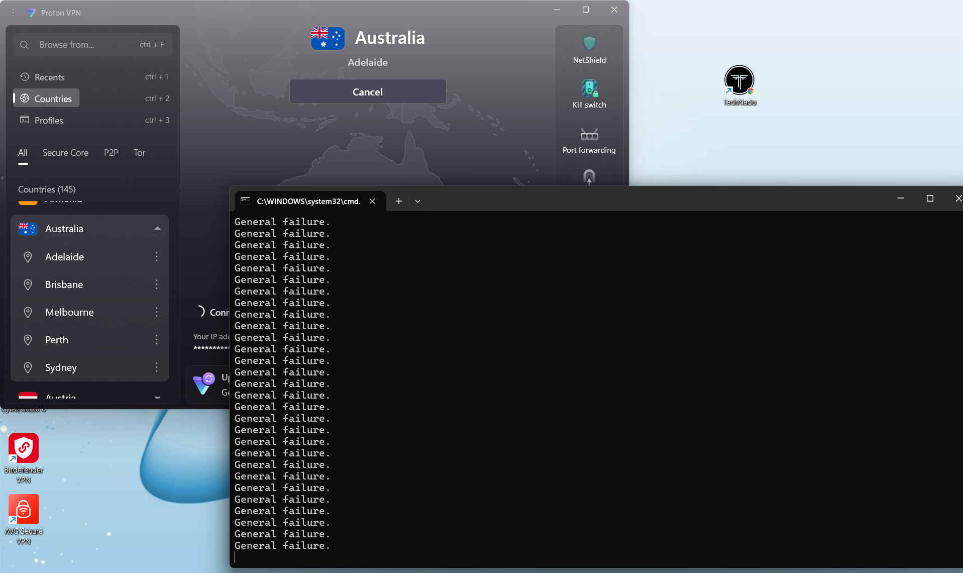 Proton VPN on Windows, May 2026, showing ping test stopping immediately during server switch.