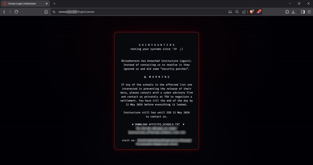 ShinyHunters ransom message on Canvas | Source: Dark Web Informer