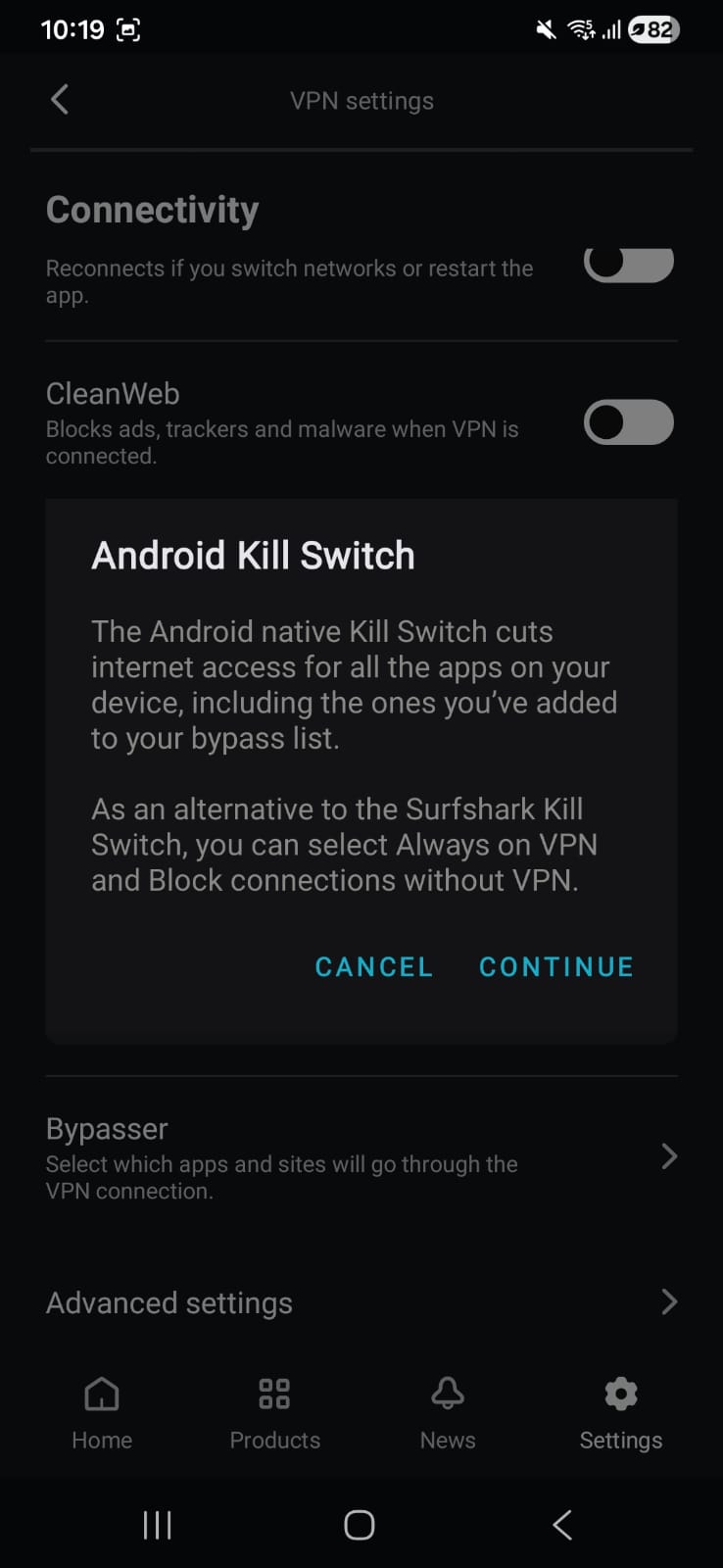 Surfshark Android VPN settings, May 2026, showing Kill Switch pop-up explaining native Android Kill Switch behavior when VPN disconnects manually.