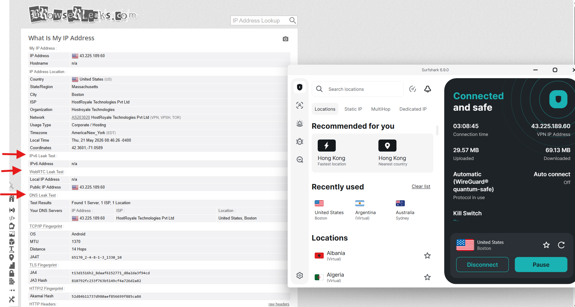 Surfshark VPN on Windows, May 2026, showing BrowserLeaks IP test with Boston server and no leaks detected.