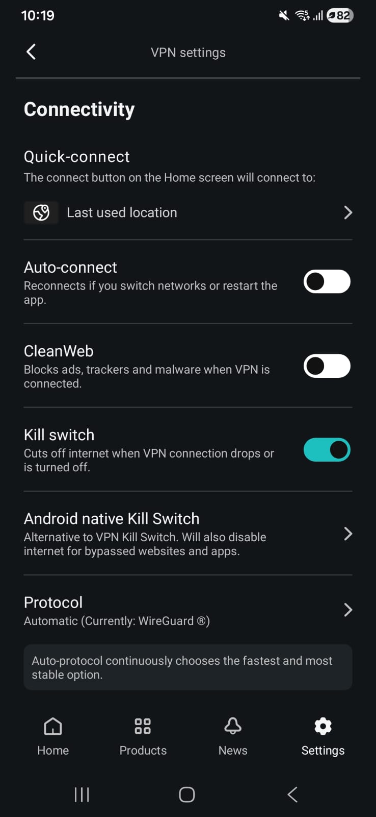 Surfshark Android VPN settings, May 2026, showing Quick-connect, Auto-connect, CleanWeb, Kill Switch, and protocol options.