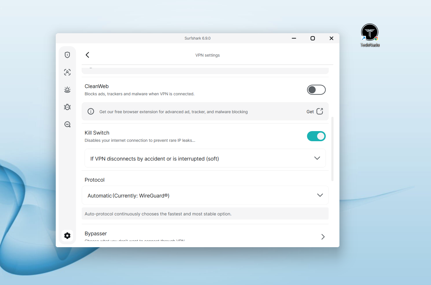 Surfshark Windows app settings, May 2026, with Kill Switch enabled, CleanWeb disabled, and WireGuard protocol selected during server switching.