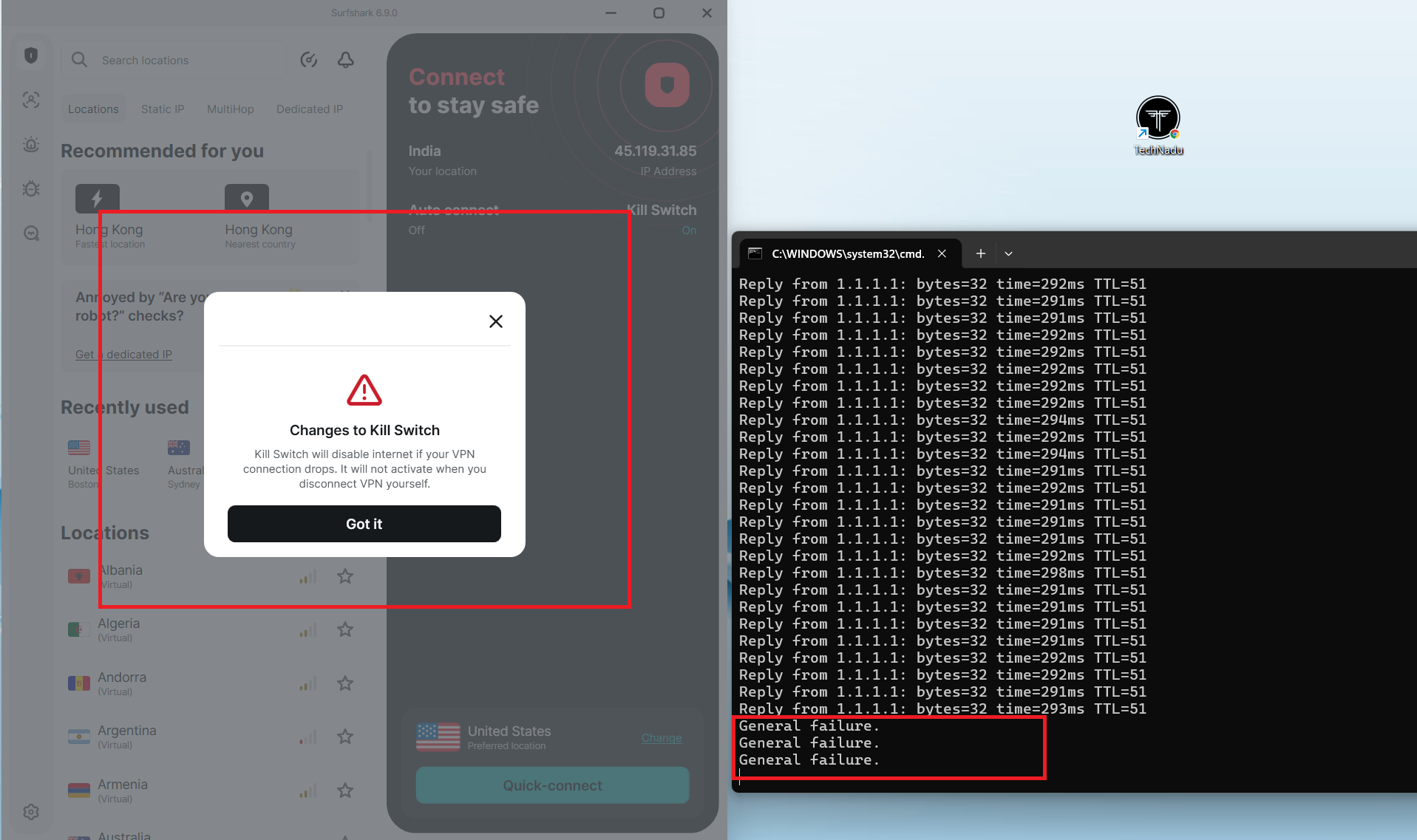 Surfshark VPN on Windows, May 2026, showing Kill Switch pop-up with Command Prompt ping failures after VPN disconnected manually.