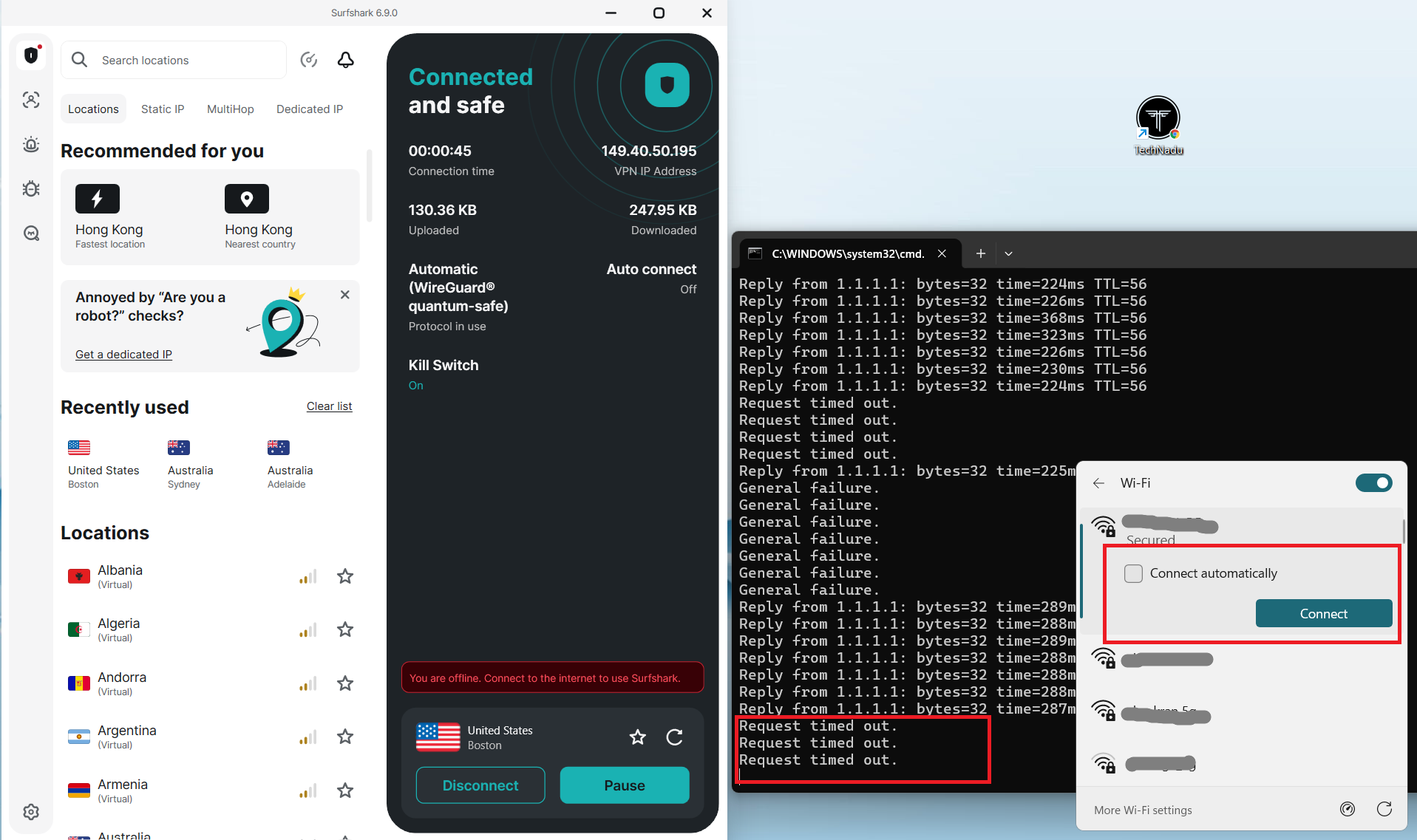 Surfshark VPN on Windows, May 2026, connected to Boston server with Kill Switch enabled, showing ping timeouts and Wi-Fi reconnect panel.