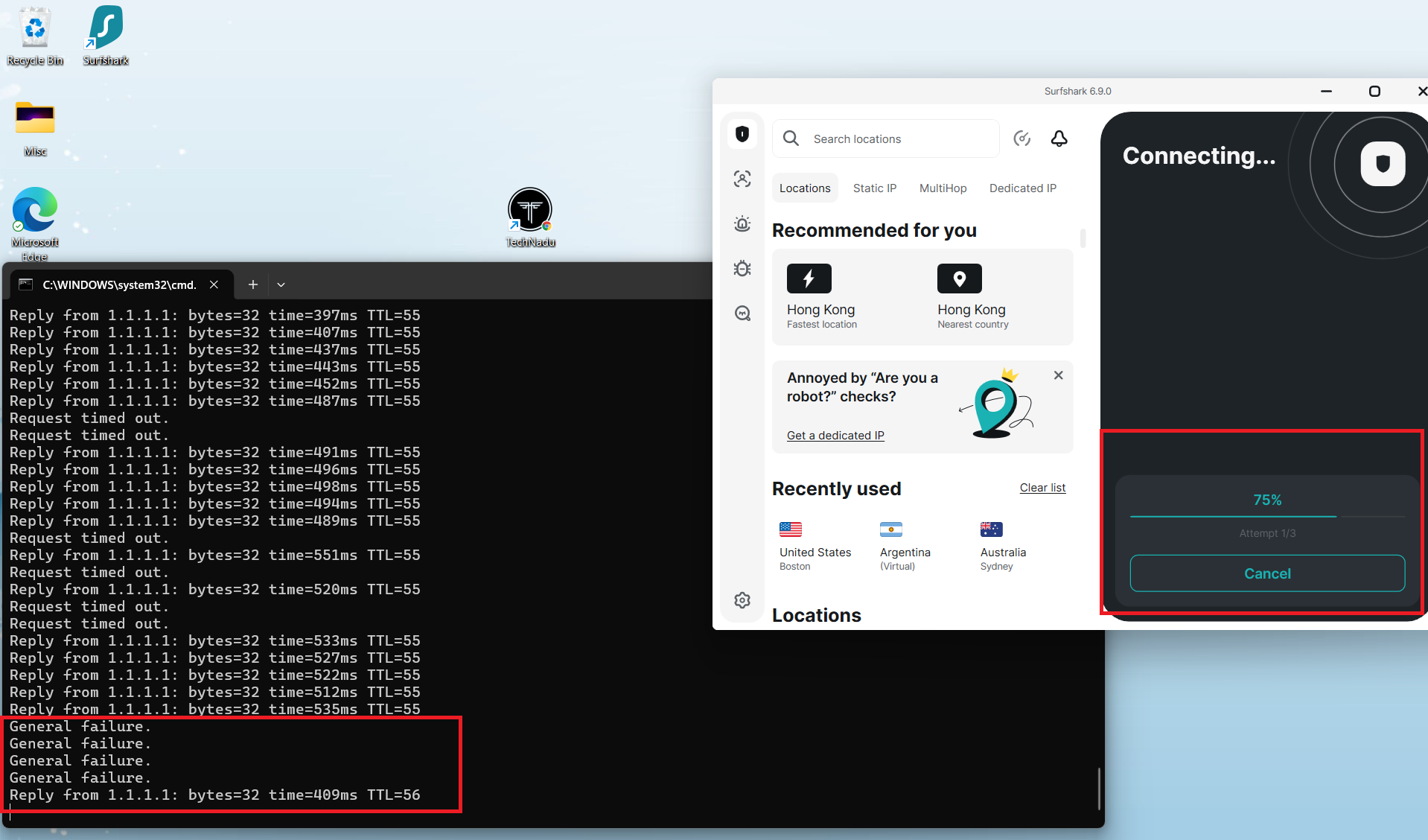 Surfshark VPN on Windows, May 2026, attempting to connect to Hong Kong server while ping shows unstable replies and failures.