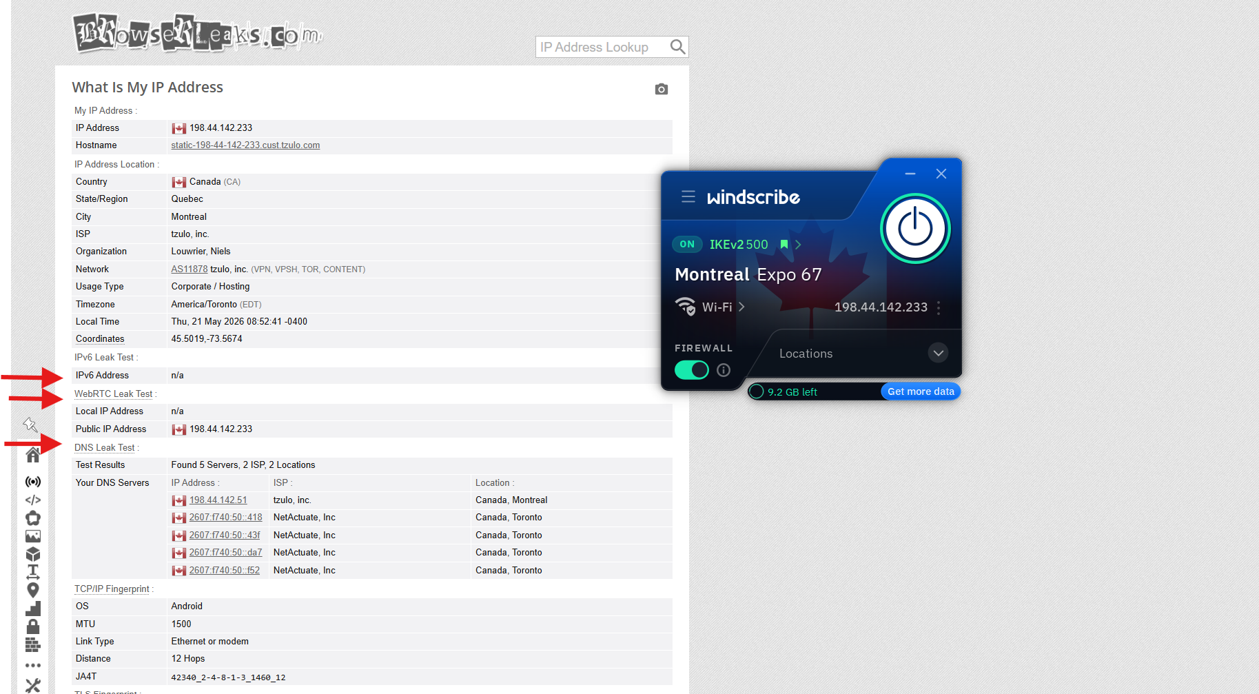 Windscribe VPN on Windows, May 2026, showing BrowserLeaks IP test with Montreal server and no leaks detected.