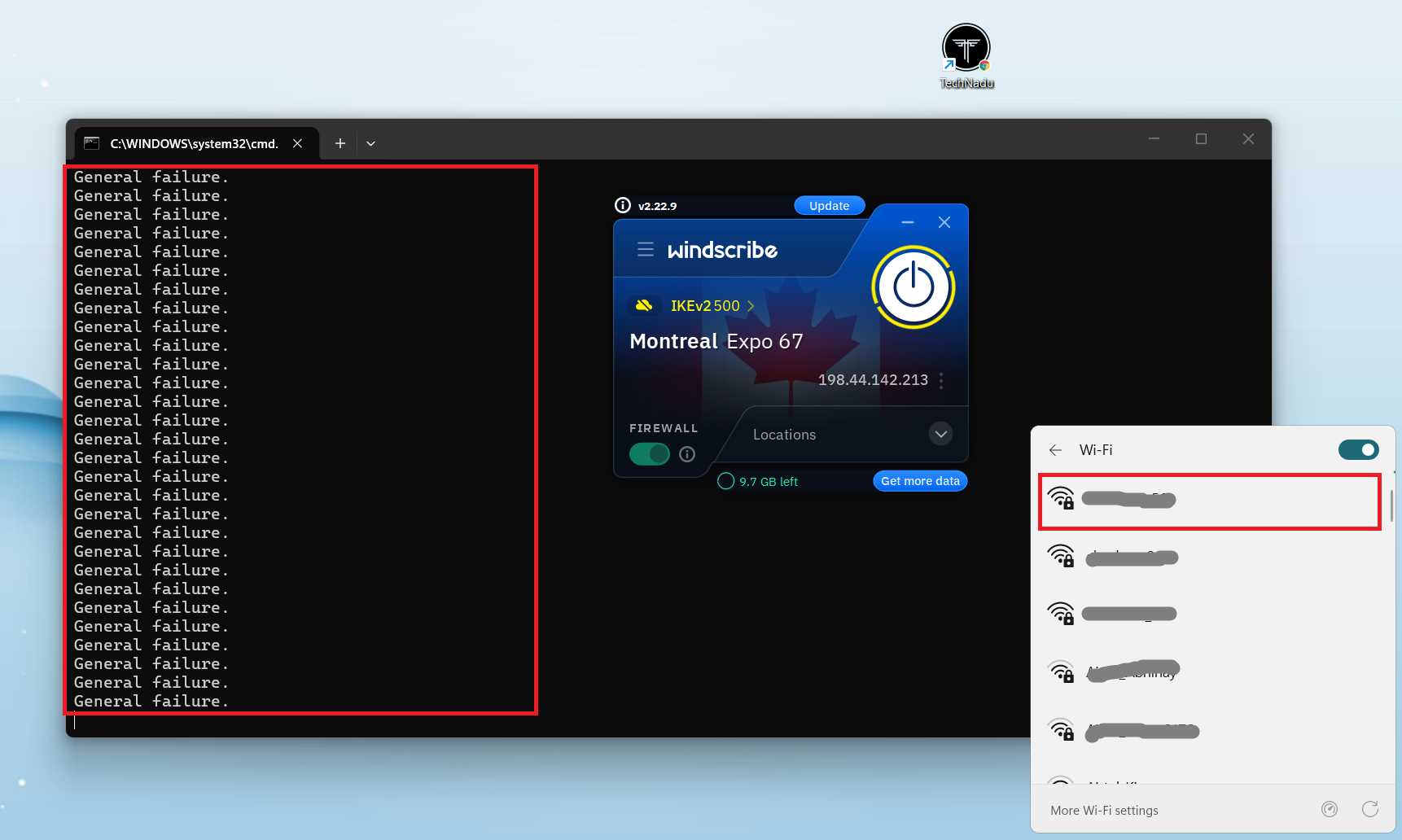 Windscribe VPN on Windows, May 2026, showing ping test stopping immediately after Wi-Fi disabled.