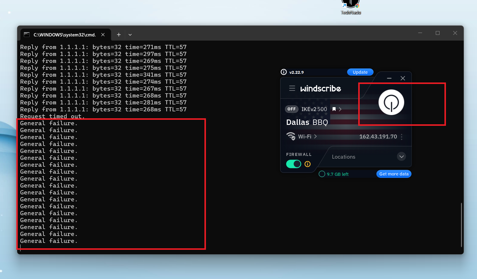 Windscribe VPN on Windows, May 2026, showing ping test stopping immediately after VPN disconnected manually.
