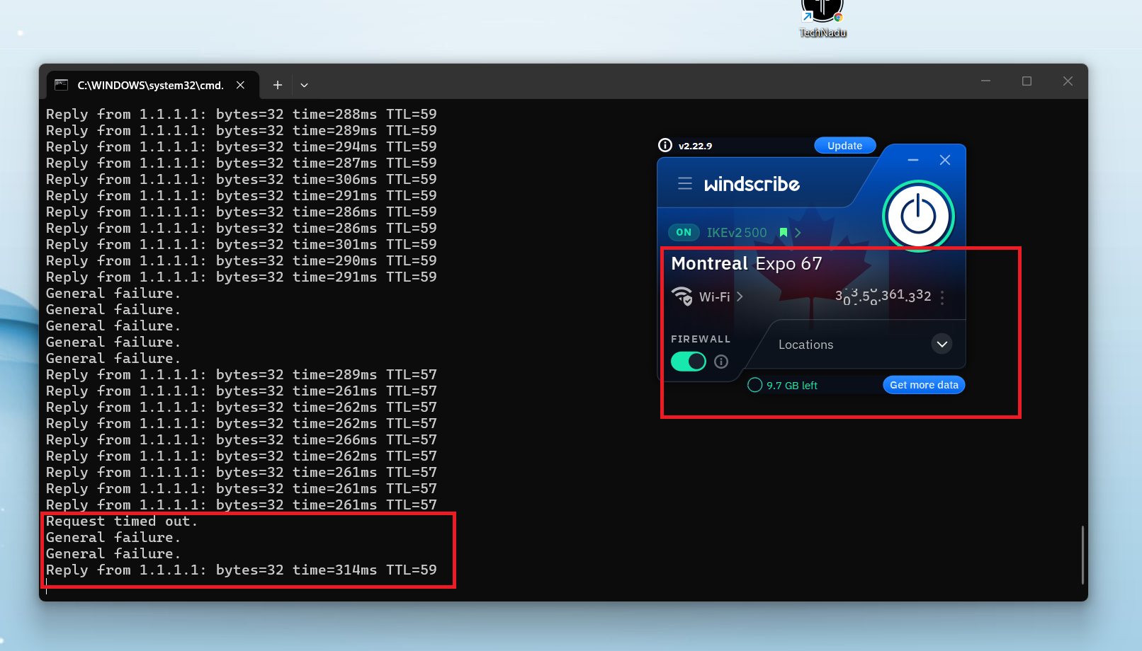 Windscribe VPN on Windows, May 2026, showing ping test stopping immediately during server switch.