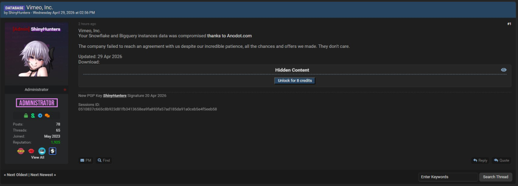 ShinyHunters lists Vimeo | Source: Whiteintel on X