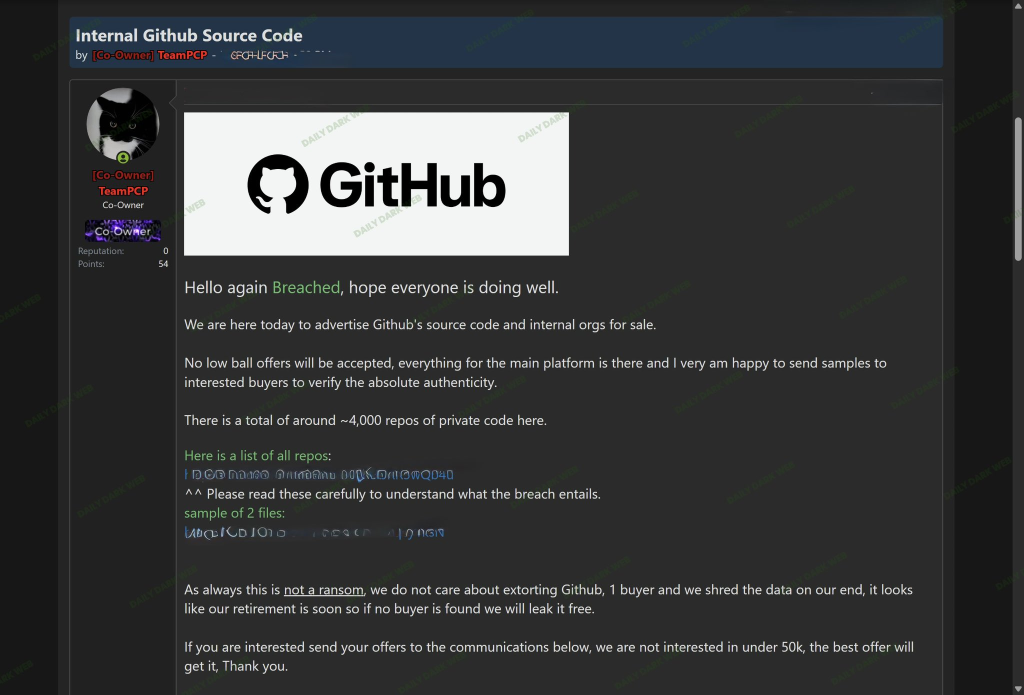 TeamPCP is claiming to sell alleged GitHub internal source code | Source: Dark Web Intelligence on X