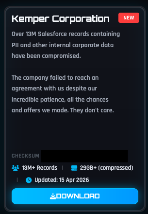 ShinyHunters announces Kemper data breach on its dark web page | Source: Cybernews