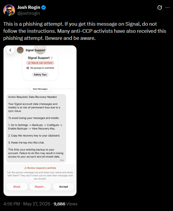 Fake message impersonating Signal Support | Source: Josh Rogin on X