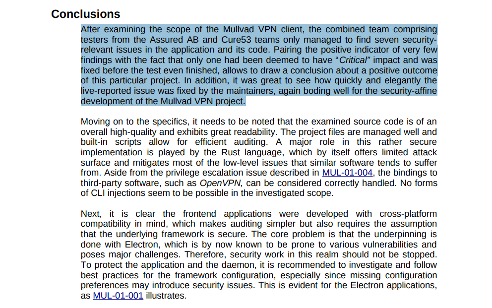 Cure53 audit of Mullvad VPN client applications from September 2018, finding 7 issues but none critical, passed.