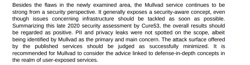 Cure53 audit of Mullvad VPN servers and infrastructure from November–December 2020, confirming no personal leaks, passed.