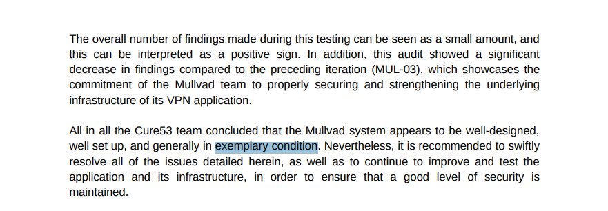 Cure53 audit report for Mullvad dated 27 June 2026, confirming no leaks or critical issues in infrastructure.