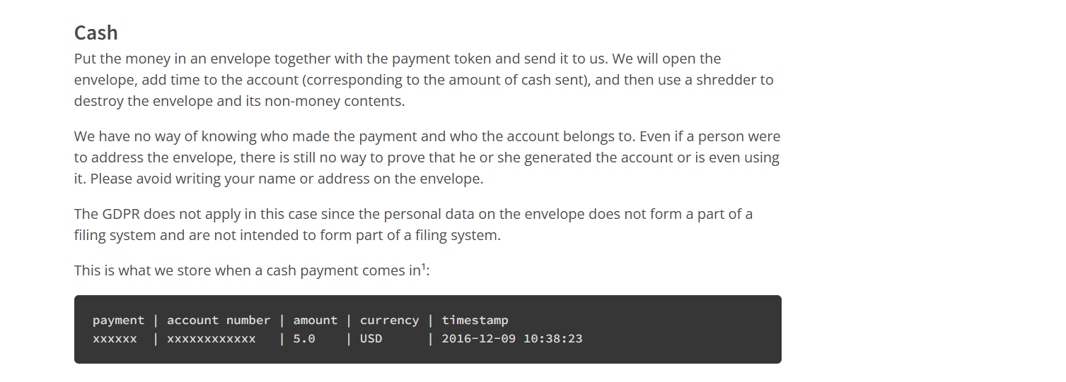 Mullvad VPN cash payment policy dated 27 June 2026, confirming no personal data tied to cash transactions.