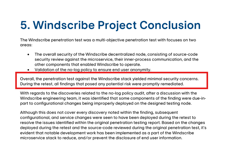 Windscribe Packetlabs FreshScribe VPN stack report (June 2024) concluding minimal harmful findings and confirming Windscribe passed the penetration test.