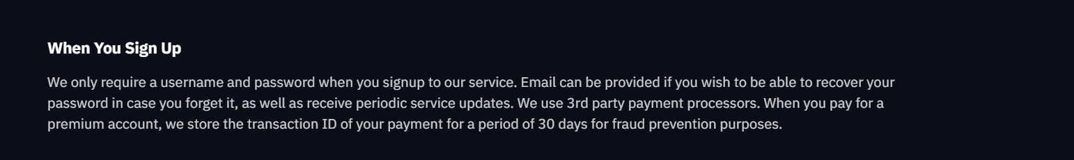 Windscribe privacy policy (15 June 2026) detailing logs collected when users sign up to the website.