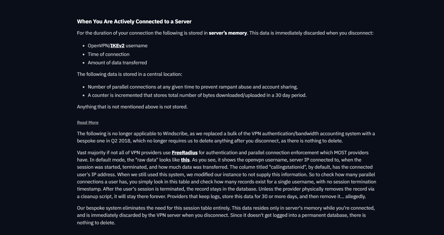 Windscribe privacy policy (15 June 2026) listing logs collected when using Windscribe servers.