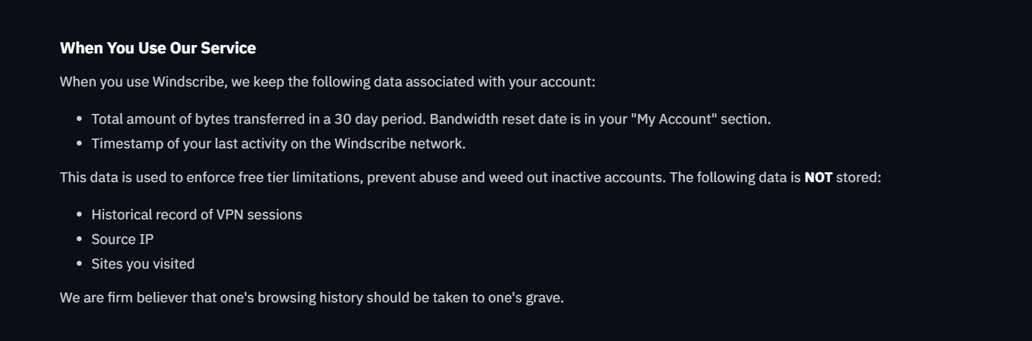 Windscribe privacy policy (15 June 2026) describing logs collected when using the Windscribe service.