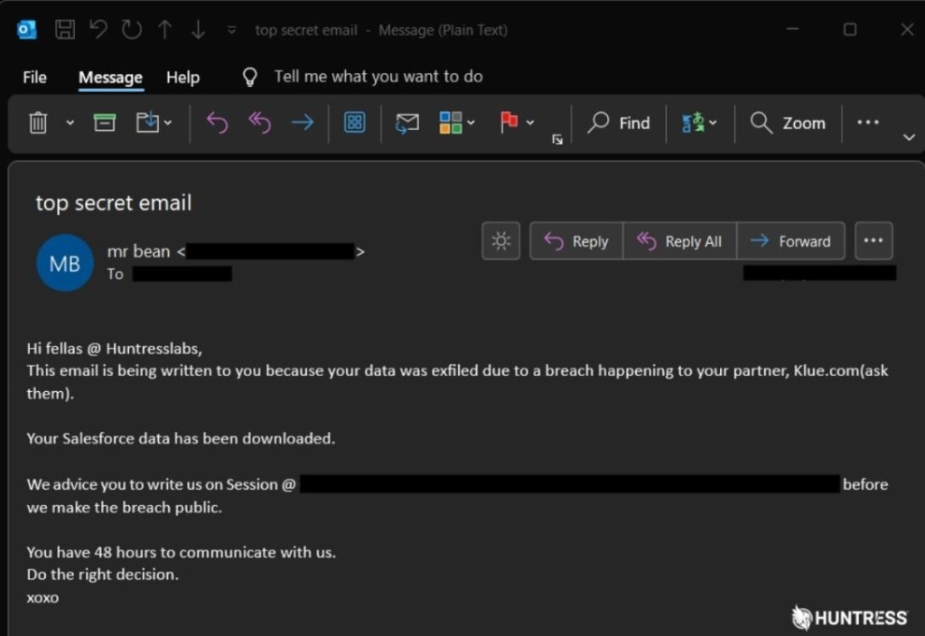 One of the initial email messages received by Huntress staff | Source: Huntress