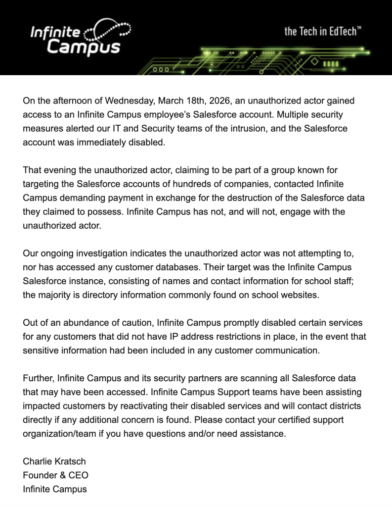 Infinite Campus breach notification message | Source: AceVenturaIsMyHero via Reddit