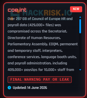 ShinyHunters claims Council of Europe | Source: HackManac on X