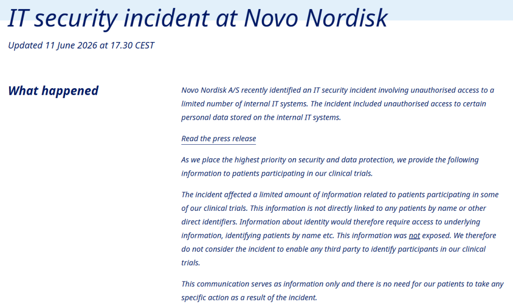 Novo Nordisk disclosed an “IT Security Incident” | Source: novonordisk.com