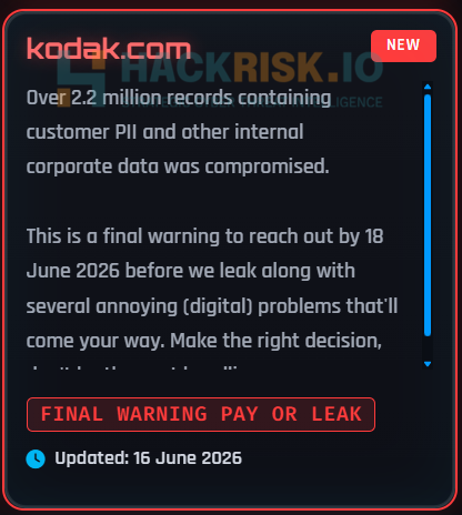 ShinyHunters claims Kodak breach | Source: HackManac on X