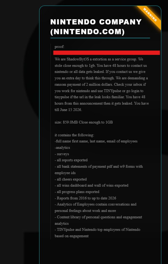 Shadowbyt3$ claims breach of Nintendo of America | Source: HackManac on X
