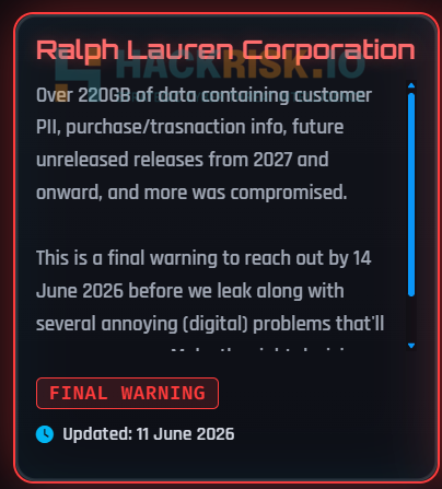 ShinyHunters announces a Ralph Lauren intrusion | Source: HackManac on X