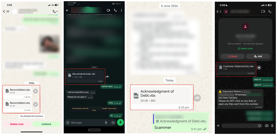 WhatsApp messages containing the malicious VBScript file observed across multiple accounts | Source: alleged victims’ social media posts via Kaspersky