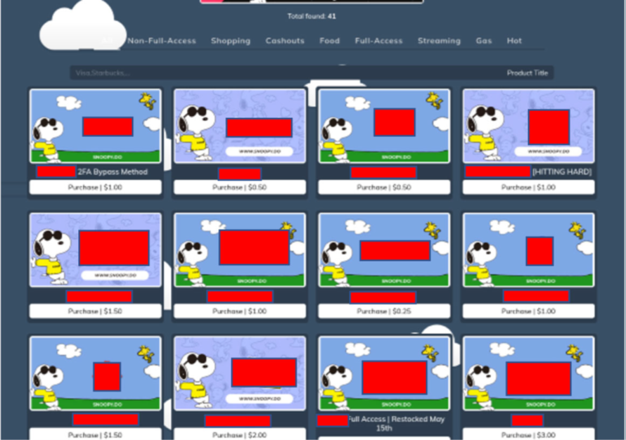 A photo of AUSTAD’s Shop website with victim companies redacted | Source: DOJ