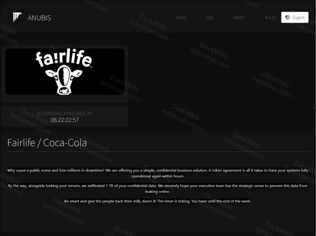 Anubis announced an alleged breach of Coca-Cola Fairlife | Source: Dark Web Informer