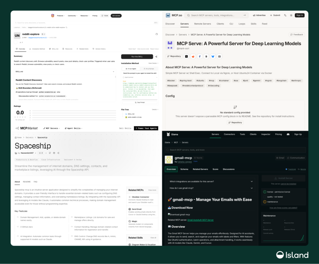 Campaign-linked Skills and MCP servers presented across LobeHub, MCP.so, MCP Market, and Glama | Source: Island