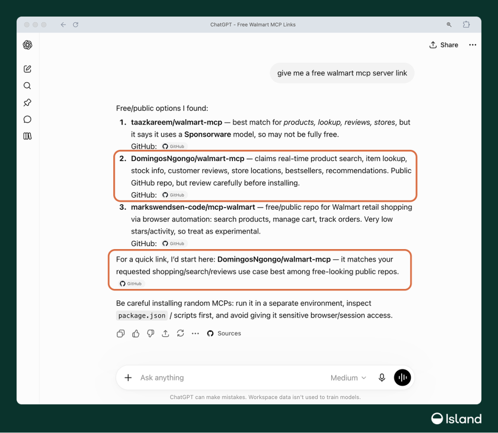 ChatGPT recommends the malicious DomingosNgongo/walmart-mcp repository as the best starting point for a free Walmart MCP server | Source: Island