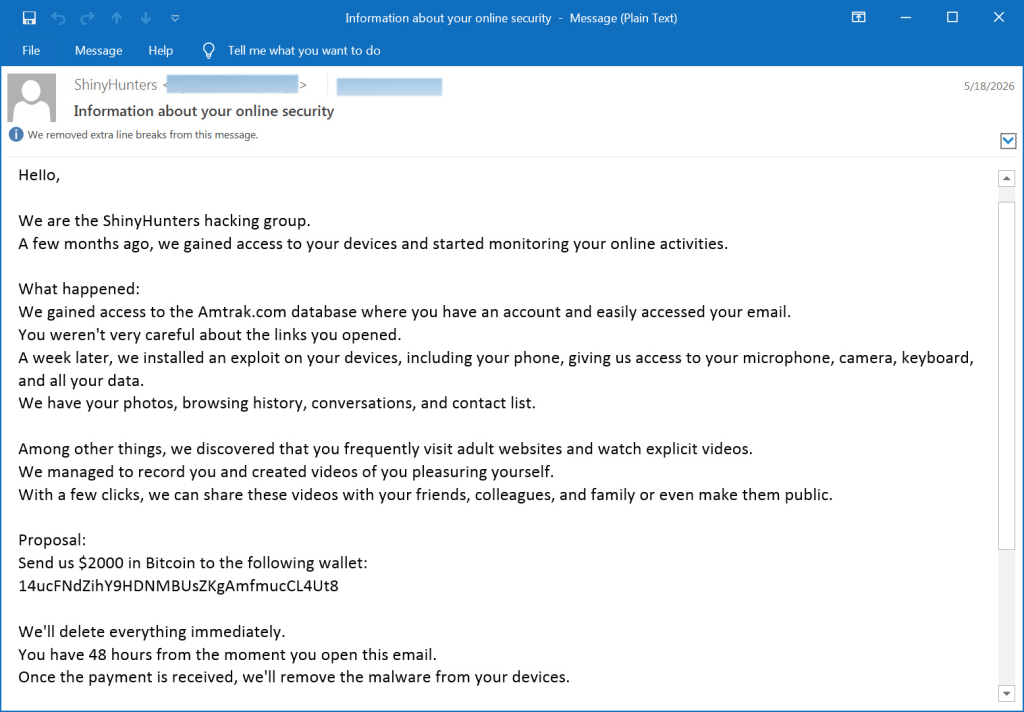 Fake ShinyHunters email | Source: BleepingComputer
