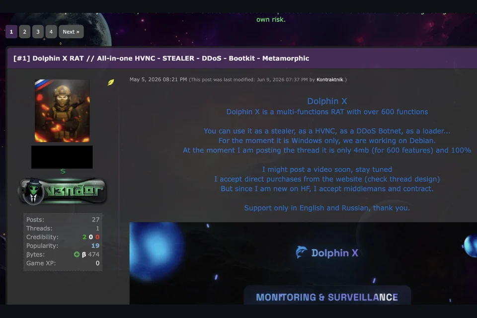 Forum post advertising Dolphin X as an all-in-one RAT | Source: Varonis