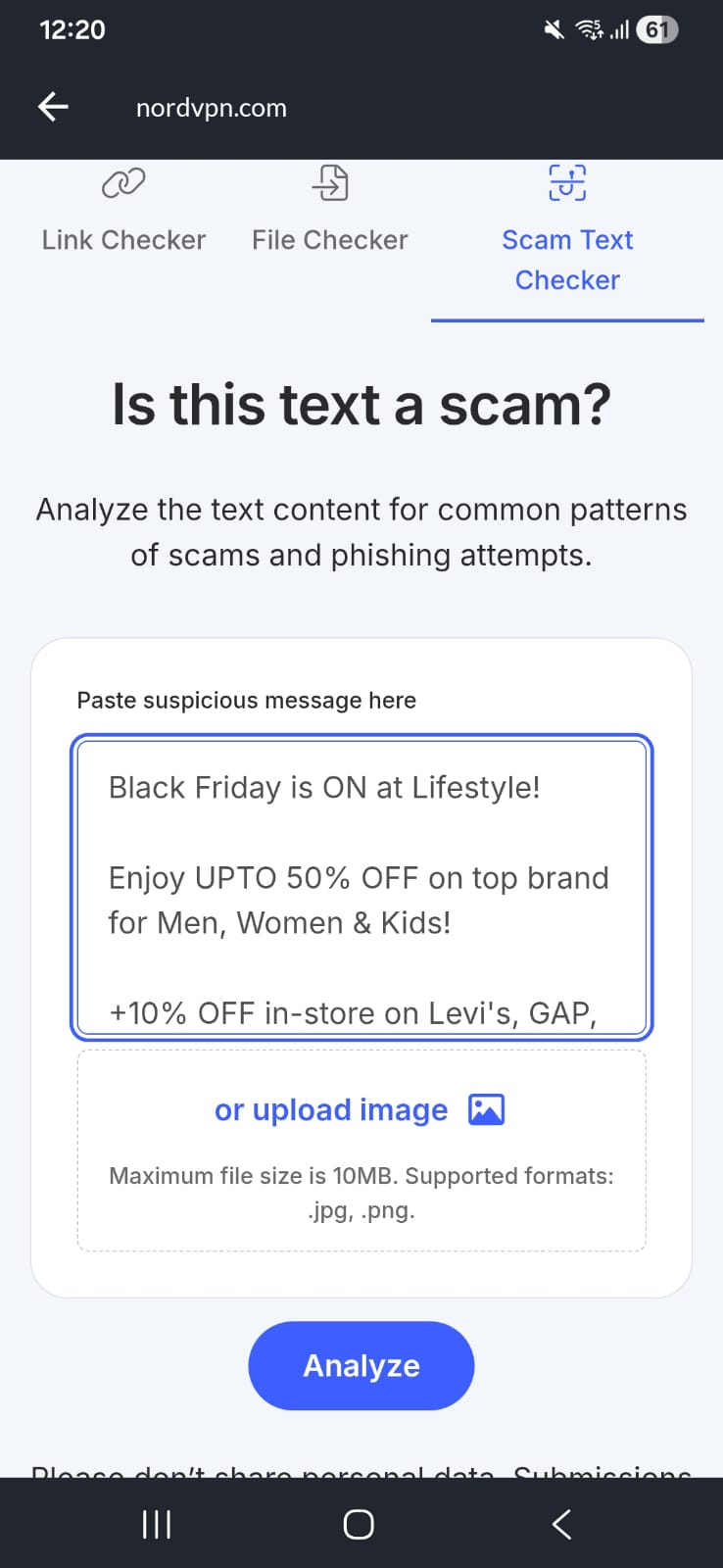 NordVPN Scam Text Checker with a suspicious SMS pasted for manual scanning on Android.