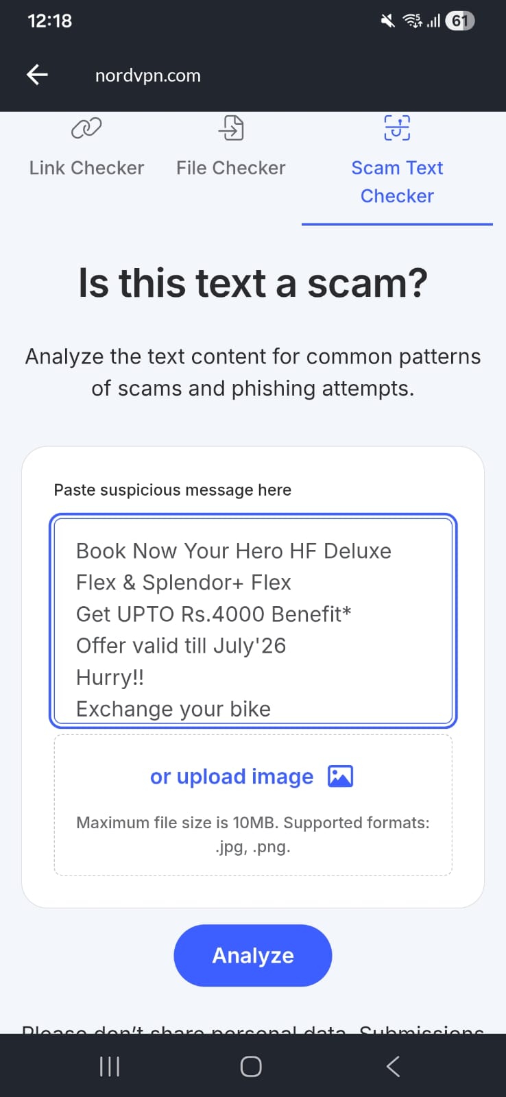 NordVPN Scam Text Checker with a legitimate SMS entered for verification on Android.