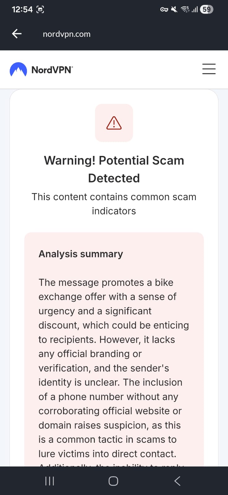 NordVPN Scam Text Checker flags an uploaded SMS screenshot as a potential scam.