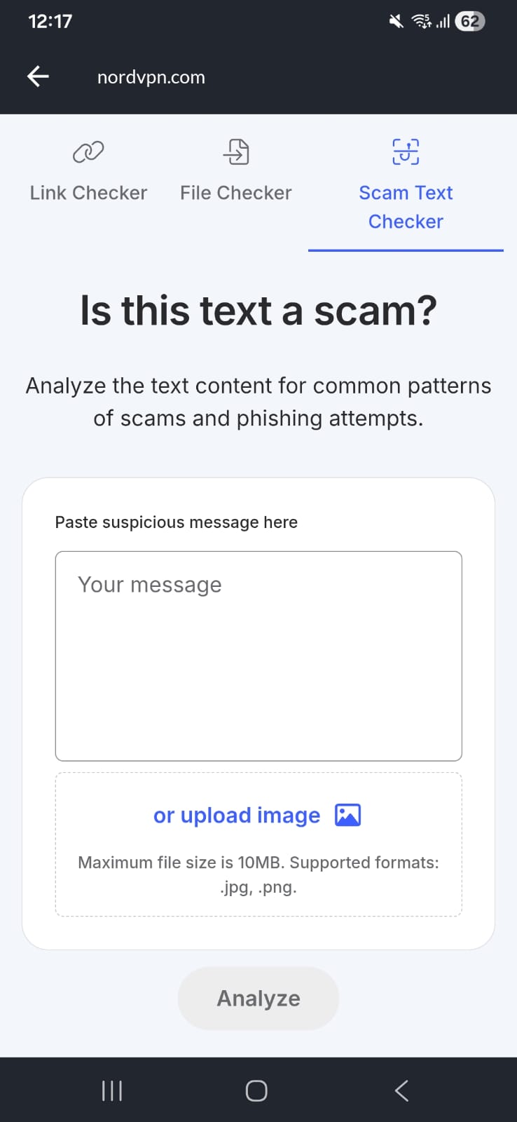 NordVPN Scam Text Checker landing page for manually checking suspicious SMS messages.