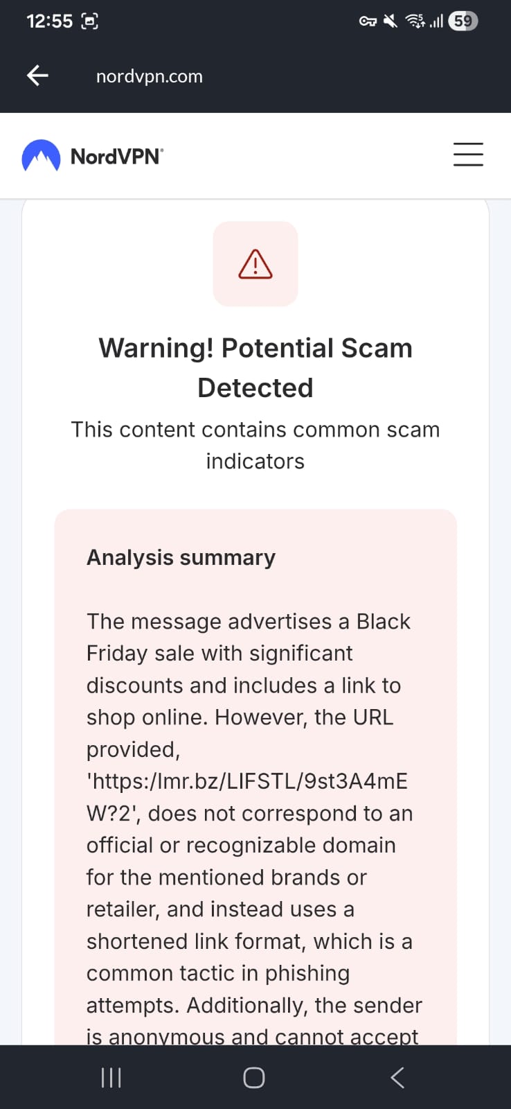 NordVPN Scam Text Checker identifies an uploaded SMS screenshot as unsafe.