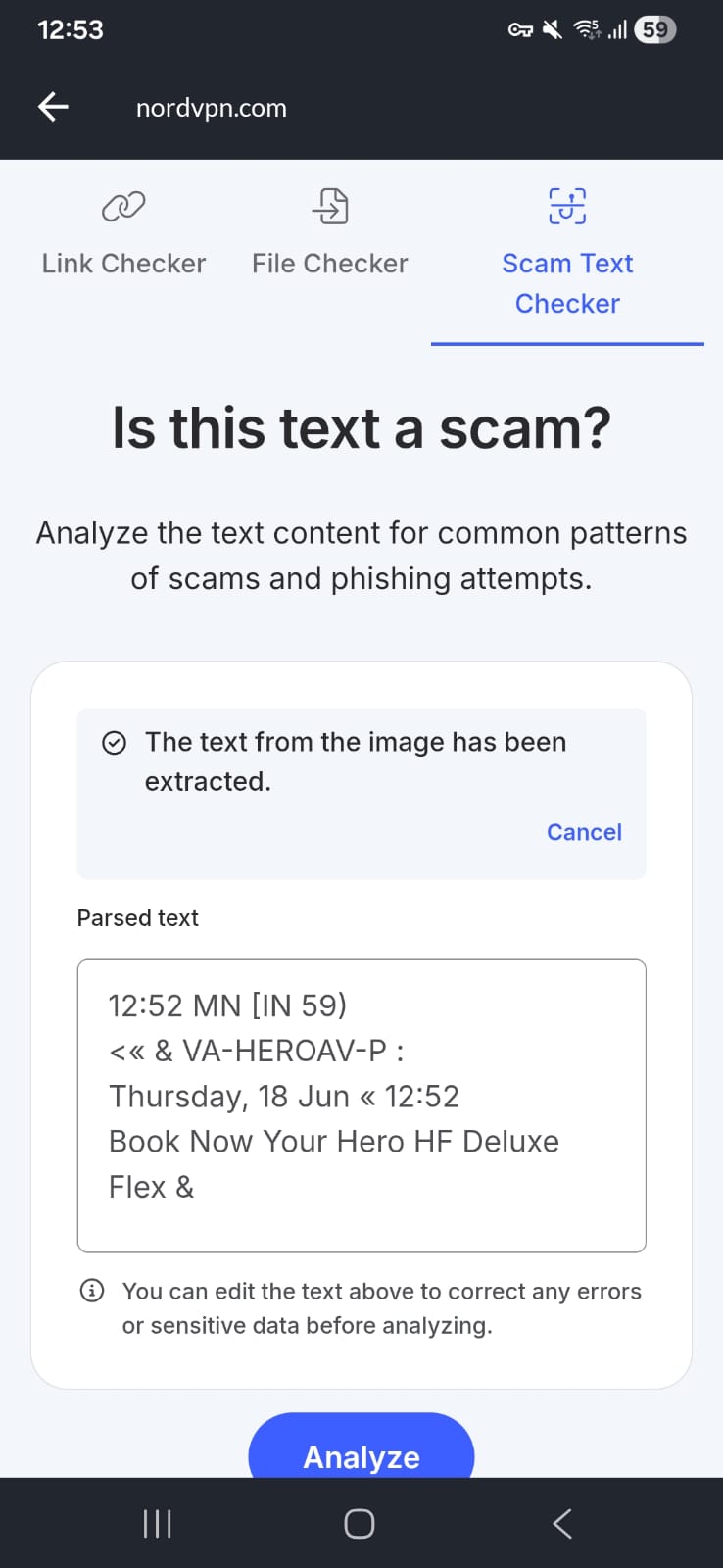 OCR text extracted from an uploaded SMS 1 screenshot in NordVPN Scam Text Checker.