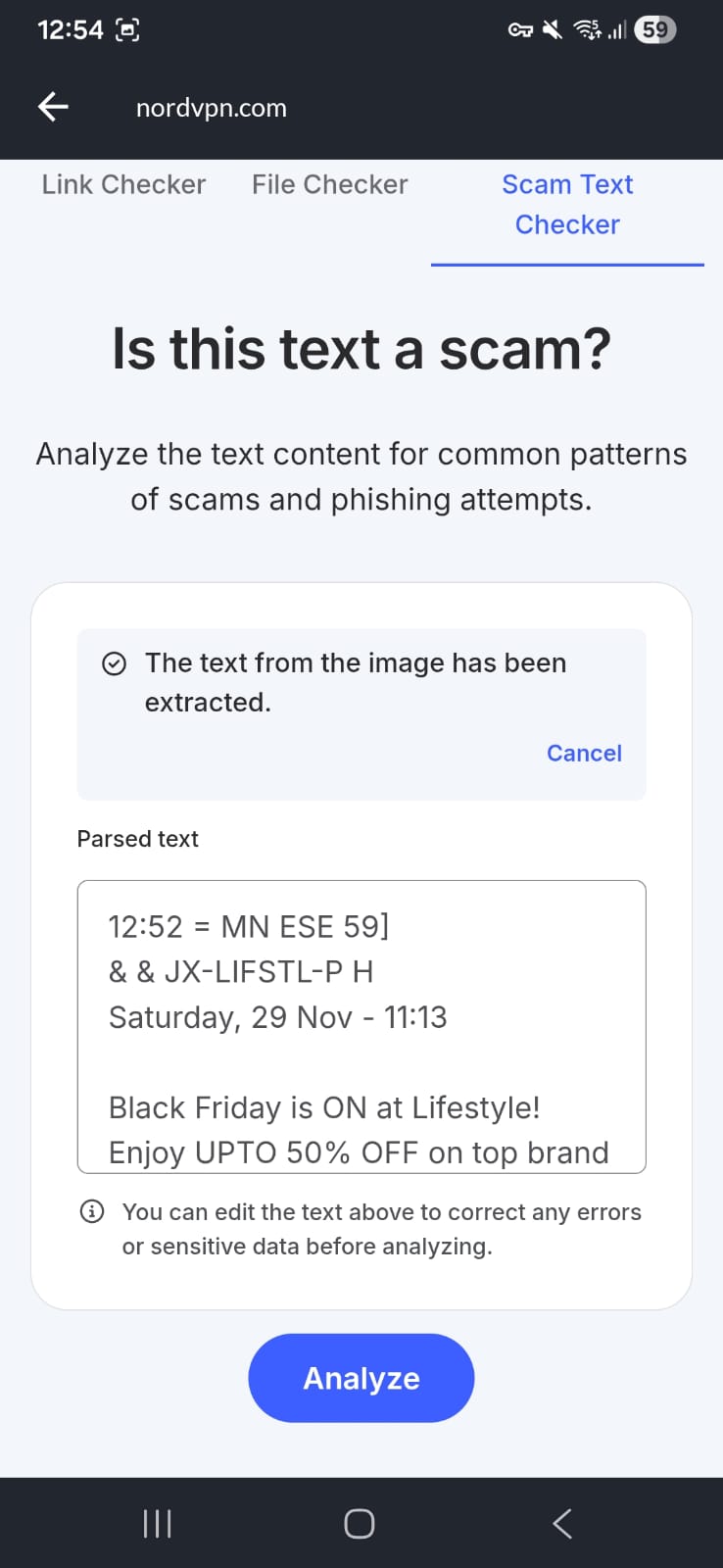 OCR text extracted from an uploaded SMS 2 screenshot in NordVPN Scam Text Checker.