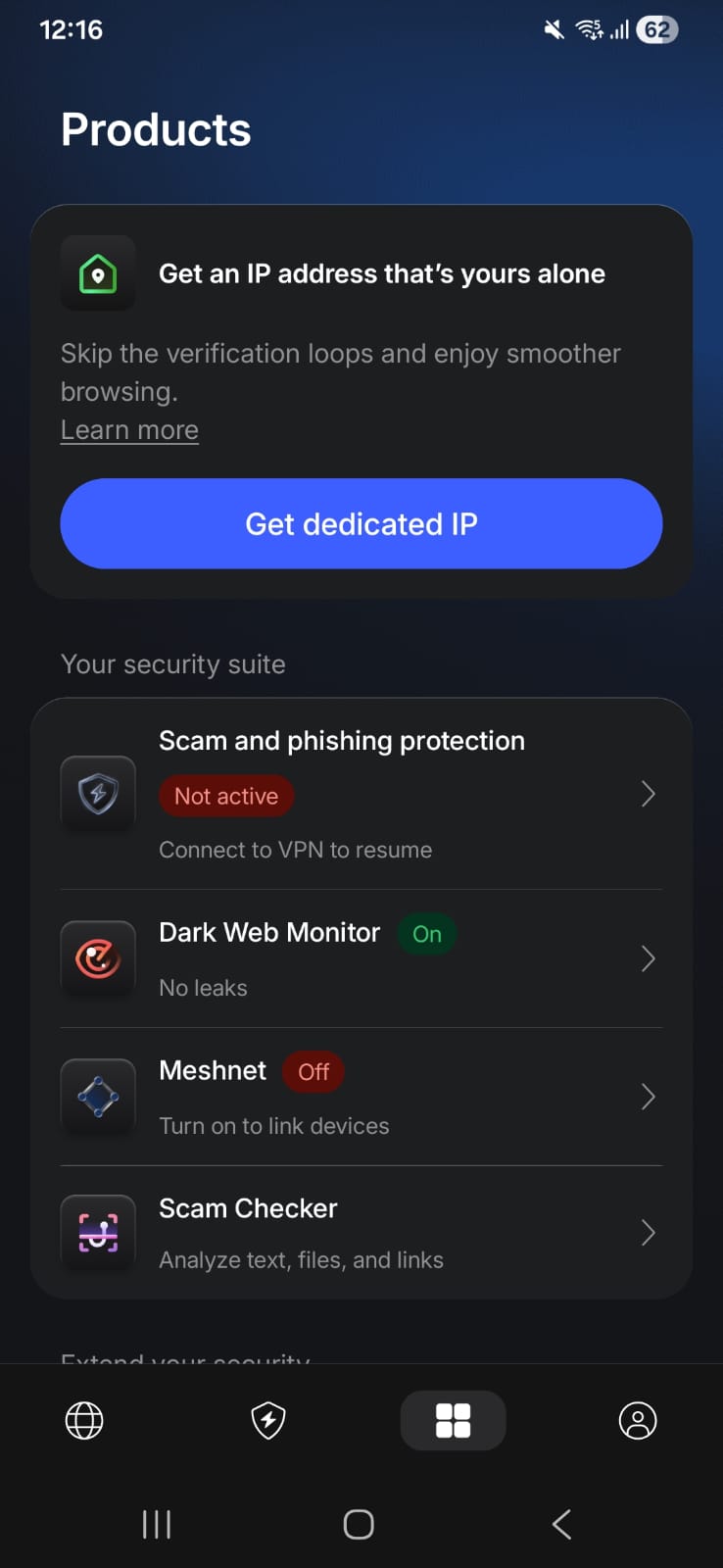 NordVPN Android app showing Scam Checker and other security features in the Products menu.